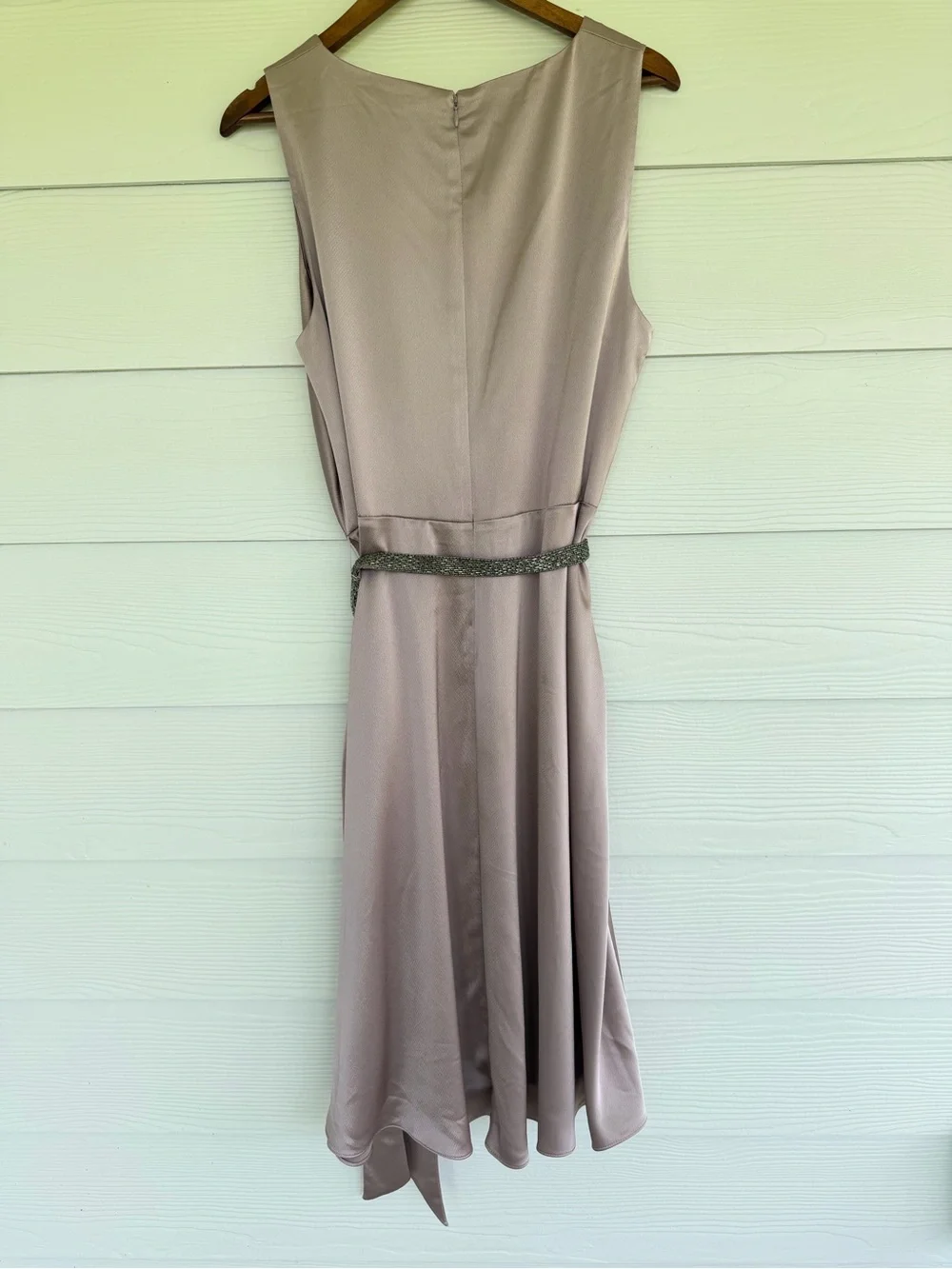 NWT Lauren Ralph Lauren Dress Size 16 Mauve Satin Faux Wrap Midi Beaded Belt - Picture 9 of 11